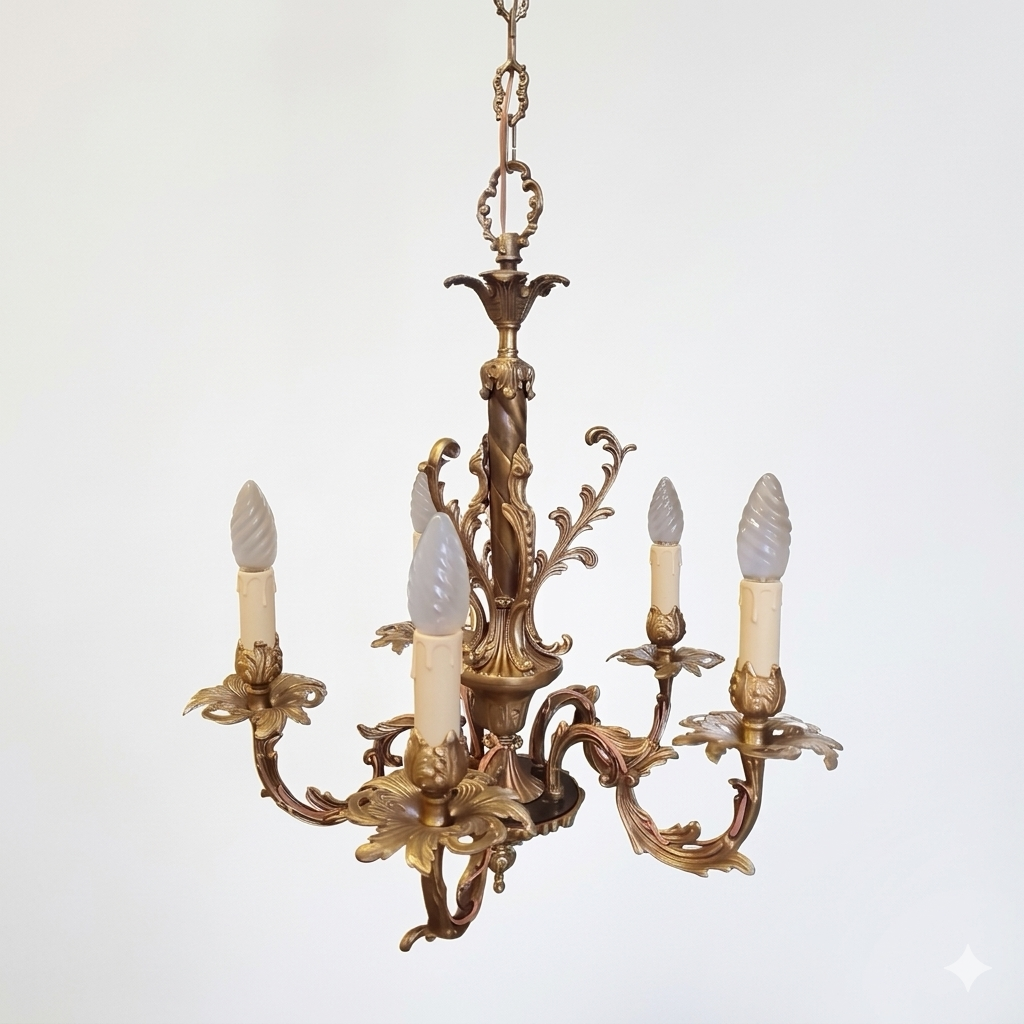 Lampadario italiano vintage in ottone, 5 braccia anni 50