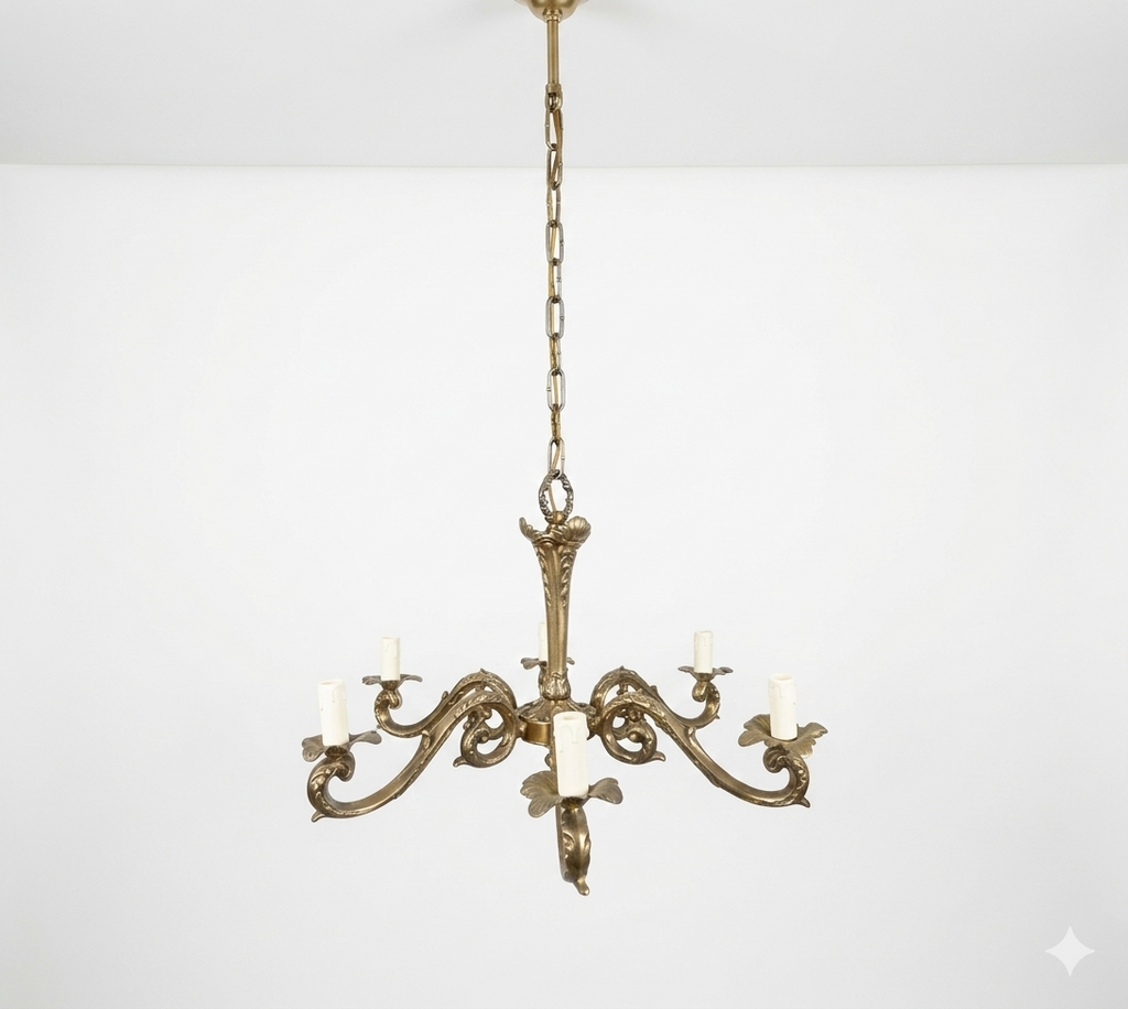 Lampadario italiano a 6 braccia in ottone anni '50