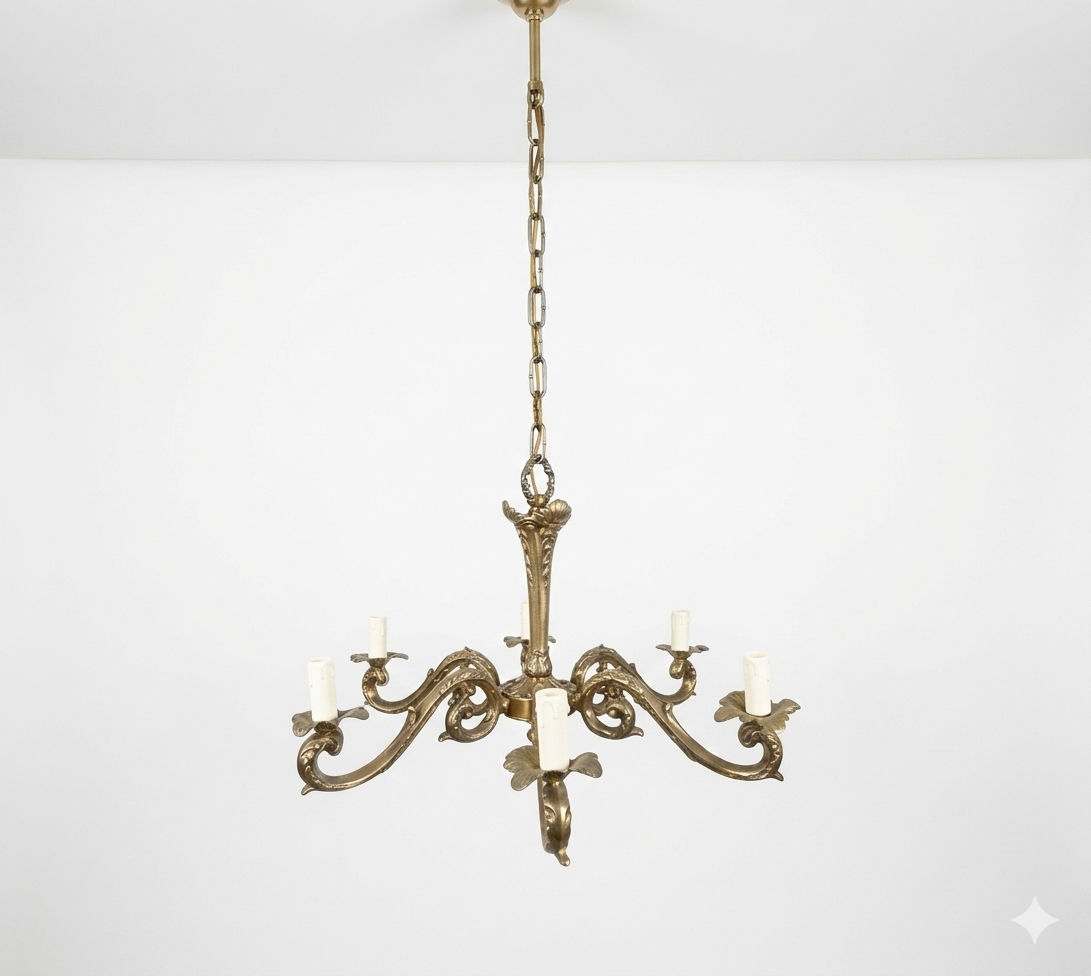 Lustre italien en laiton à six bras des années 1950