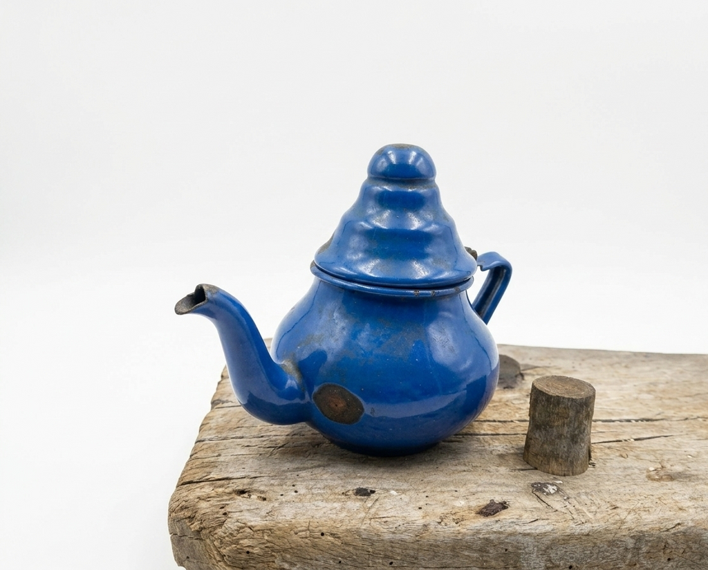 Vintage cobalt blue enamel teapot, kettle and coffee maker