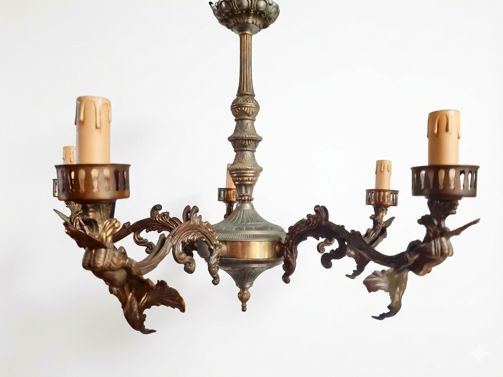 Lampadario italiano d'epoca a 5 braccia con cariatidi