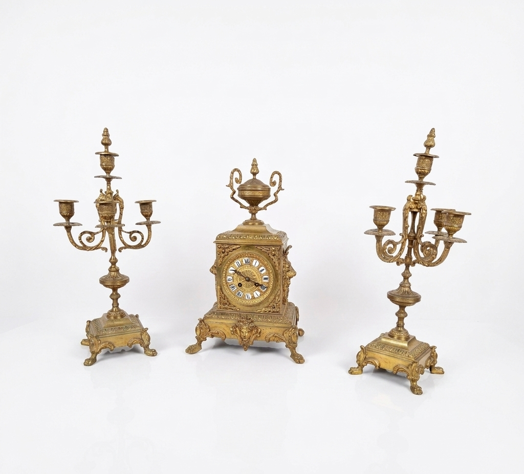 Pendule de cheminée ancienne avec porte-bougie, style Louis XV