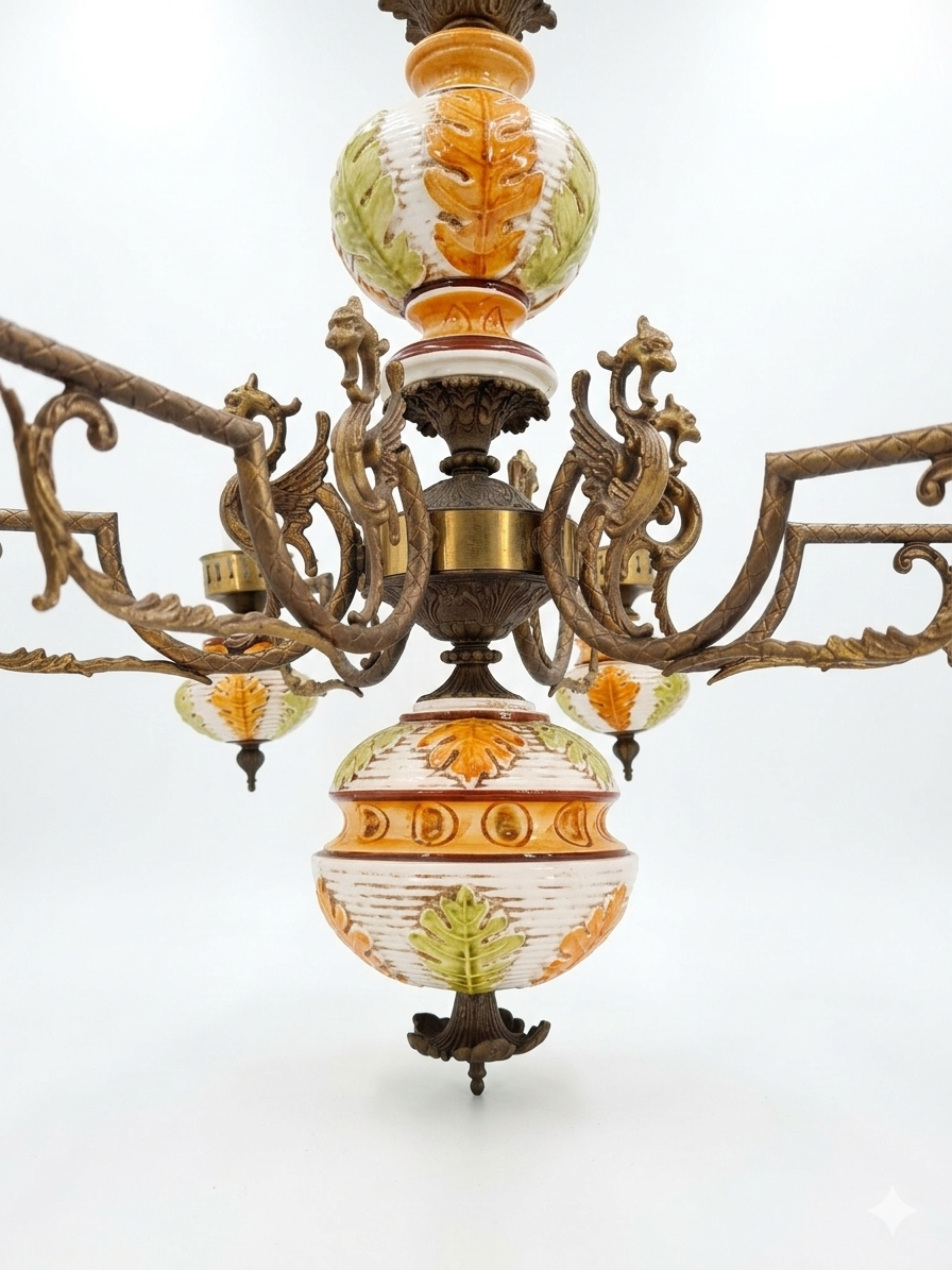 Lampadario italiano a 6 braccia, stile francese con ceramica dipinta