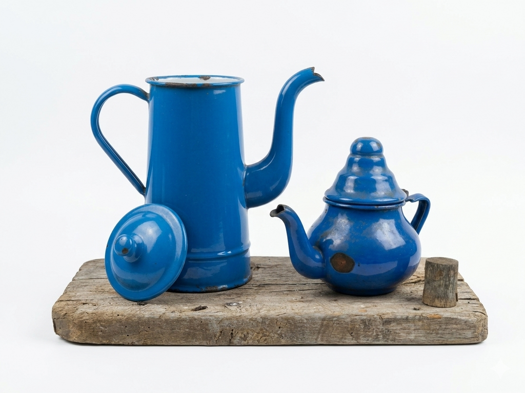 Vintage cobalt blue enamel teapot, kettle and coffee maker