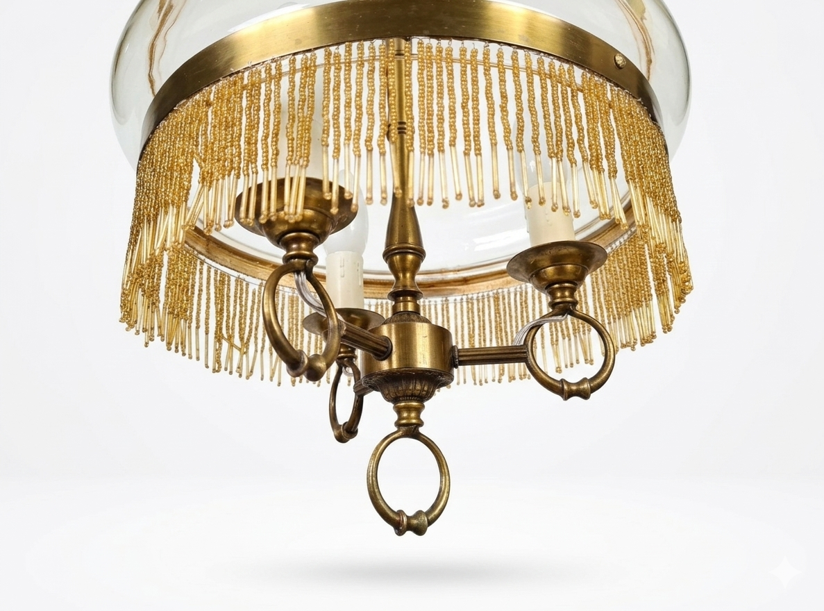 Lampadario 1950 con perline di vetro e frange, 3 luci