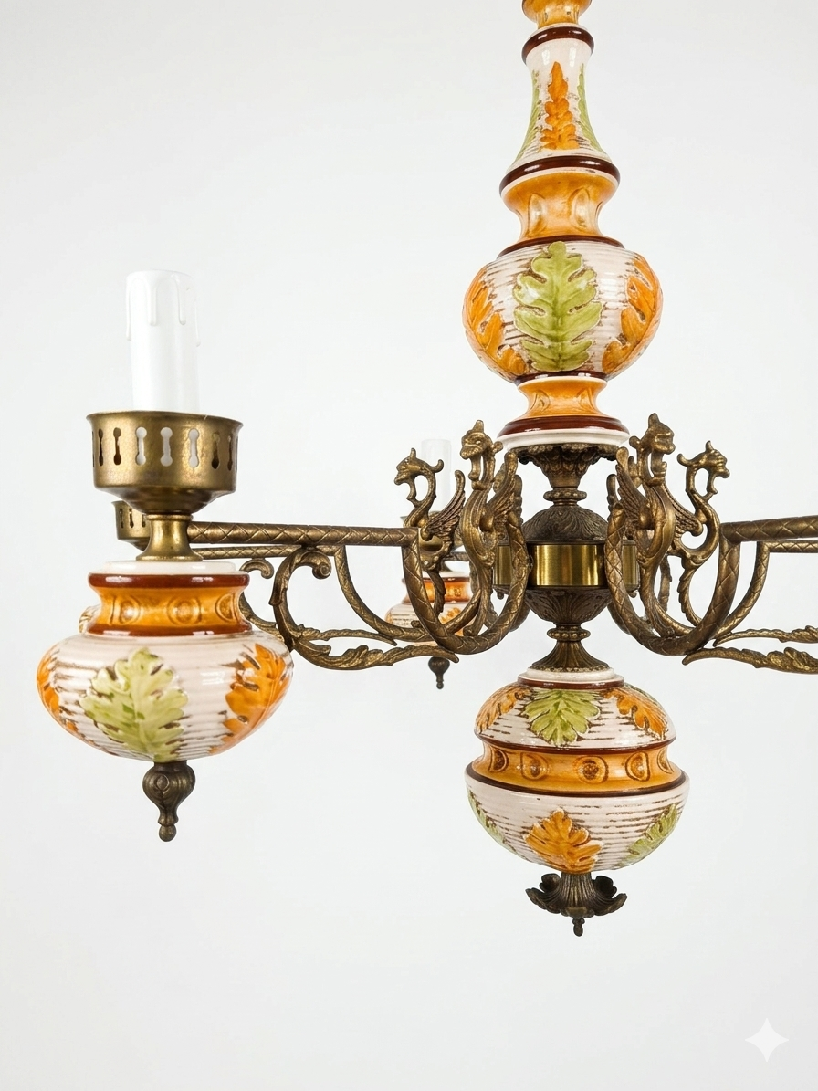 Lampadario italiano a 6 braccia, stile francese con ceramica dipinta