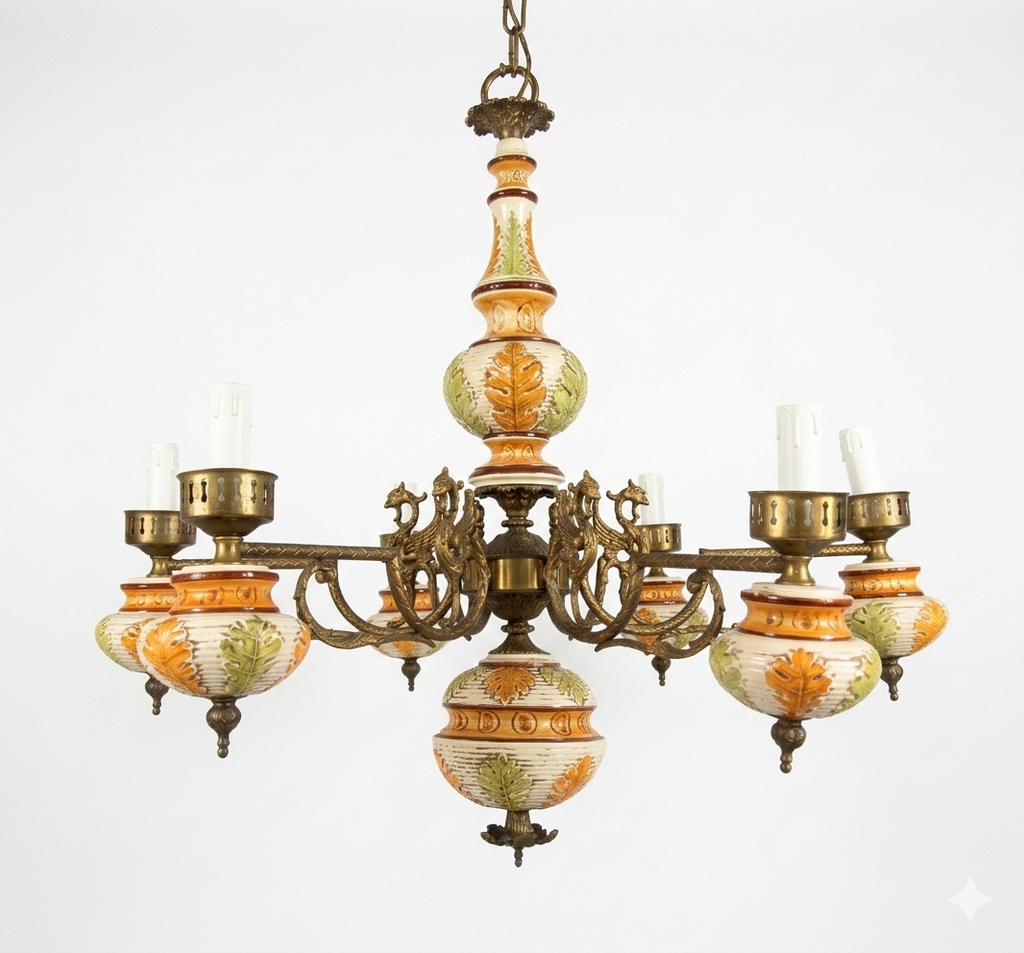 Lampadario italiano a 6 braccia, stile francese con ceramica dipinta