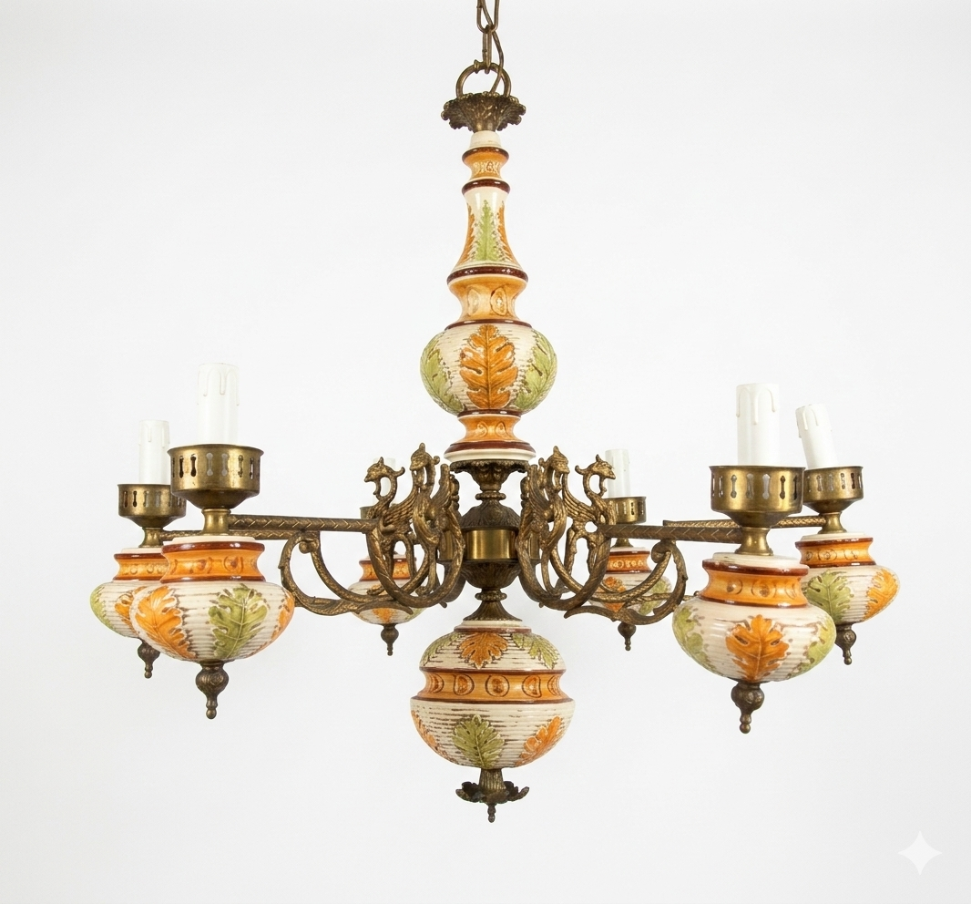 Lustre italien à six bras, de style français, en céramique peinte