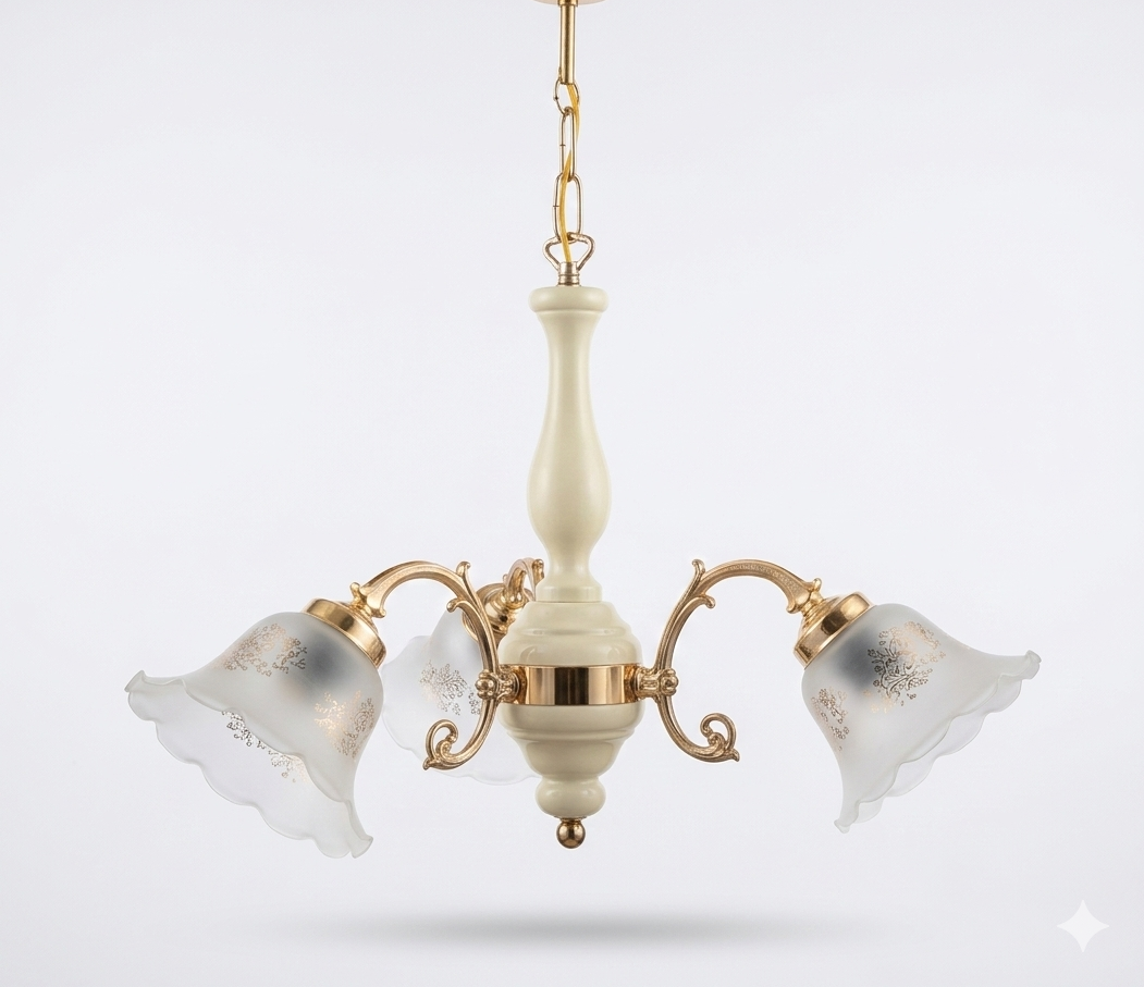 Lustre en bois et métal avec verre décoré