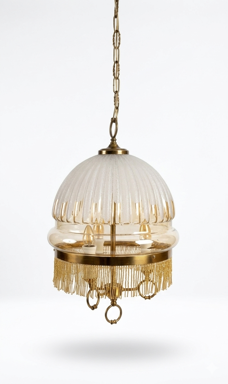 Lampadario 1950 con perline di vetro e frange, 3 luci