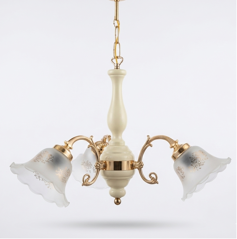 Lustre en bois et métal avec verre décoré