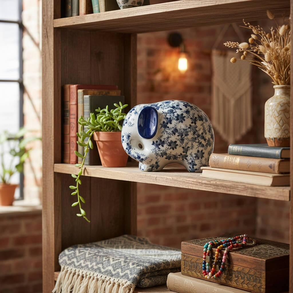 Statuetta decorativa elefante bianco e blu 20x14x15cm