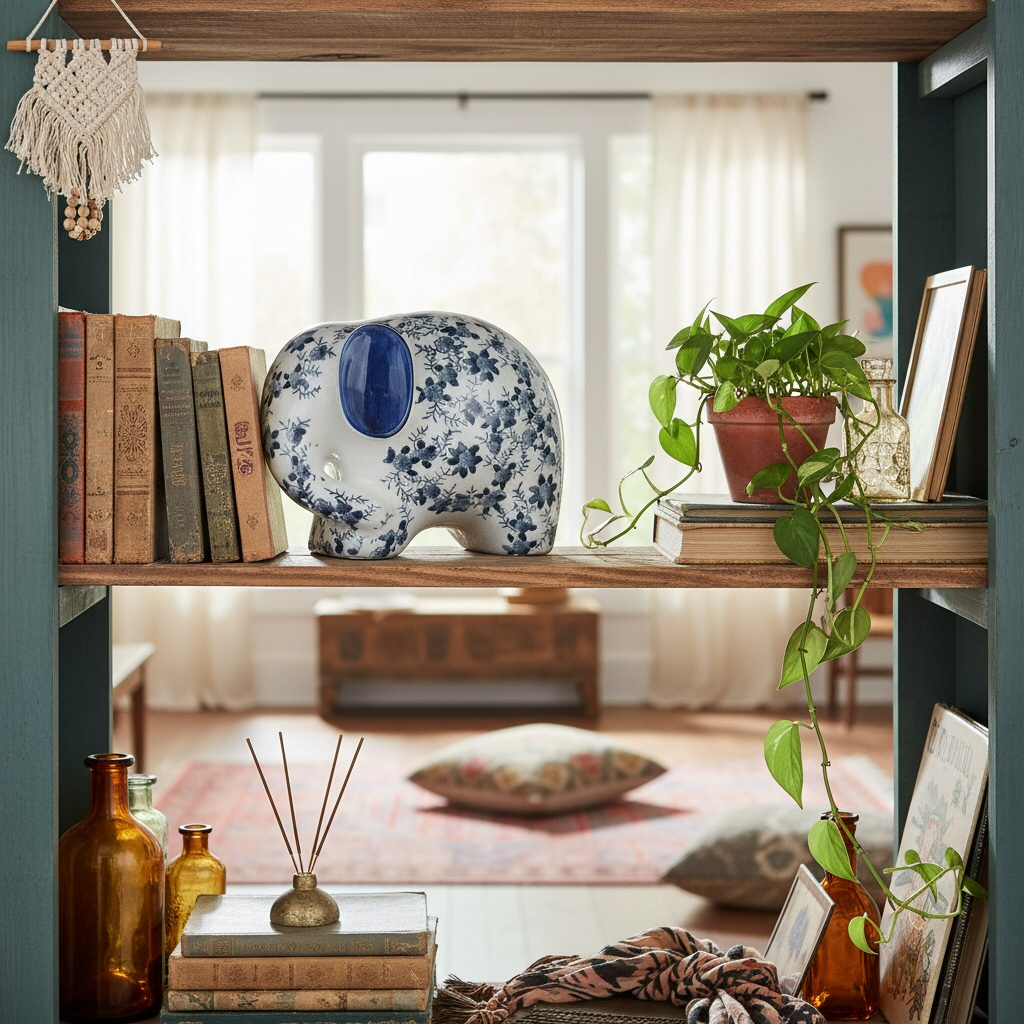 Statuetta decorativa elefante bianco e blu 20x14x15cm