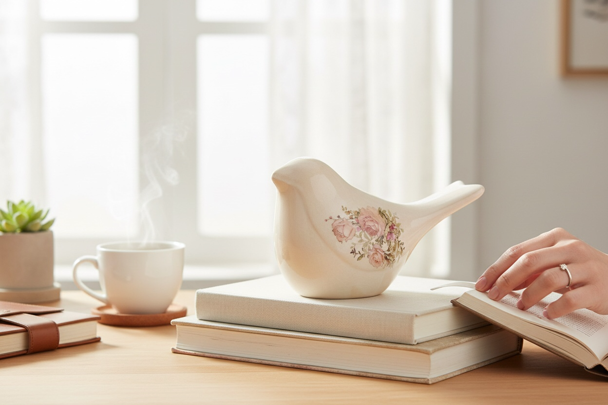 Statuetta decorativa uccello beige e rosa 22x9x12 cm