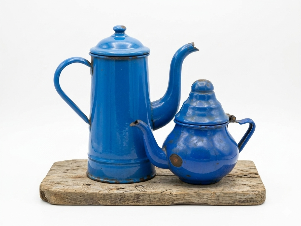 théière, bouilloire et cafetière vintage en émail bleu cobalt