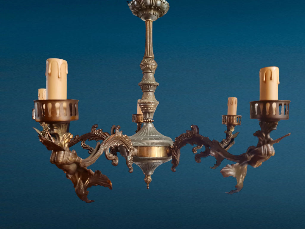 Lustre italien vintage à 5 bras orné de cariatides
