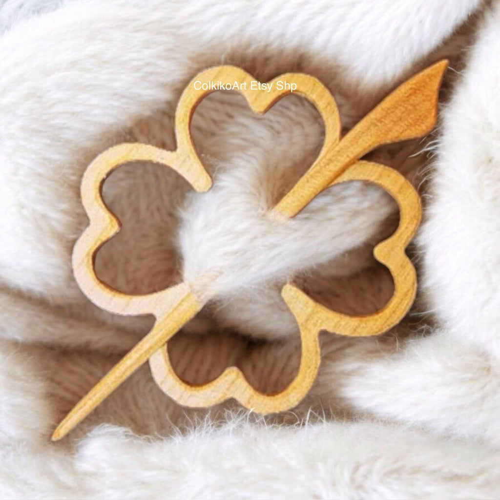Wooden Shawl Pin, Wood Brooch, Wood Scarf Pin, Women Gift, Baby girl gift,Eco friendly Accessory, Jewlery, flower, four leaf pin, brooch