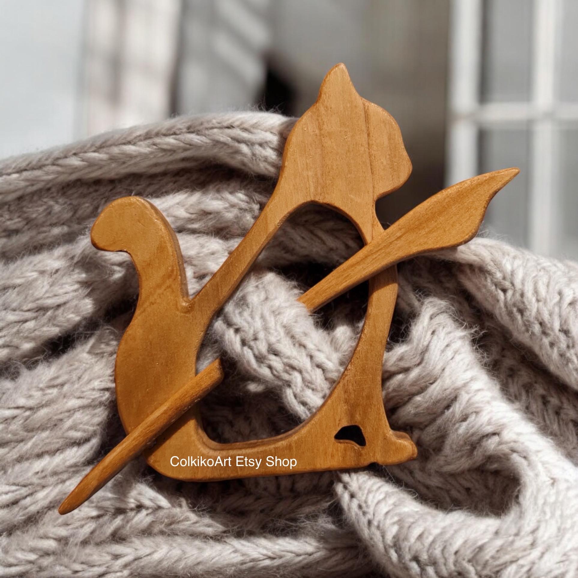 Cat Wooden Shawl Pin, Wood Brooch,Knitted Scarf, Women Gift, kittens,Eco friendly Accessory