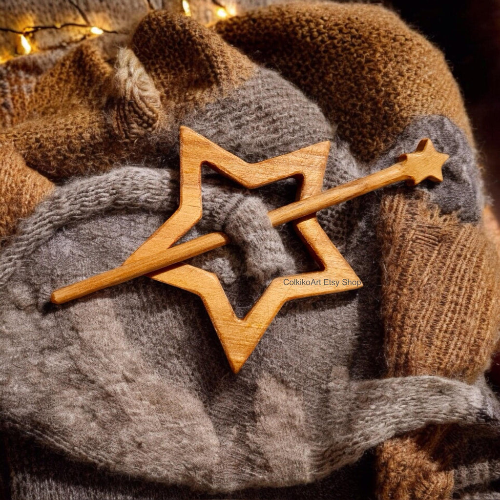 Star Wooden Shawl Pin, Wood Brooch, knitted Scarf Pin, Women Gift,Accessory, Jewlery