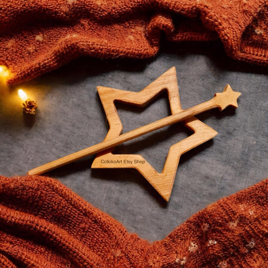 Star Wooden Shawl Pin, Wood Brooch, knitted Scarf Pin, Women Gift,Accessory, Jewlery