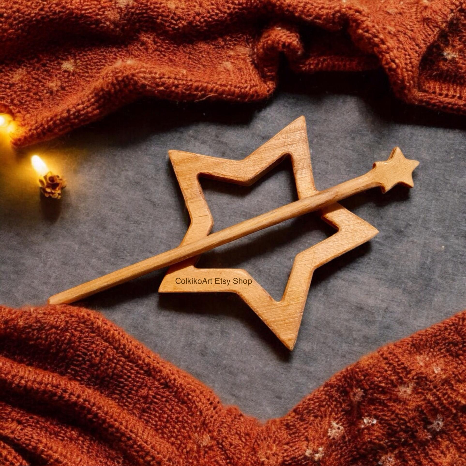 Star Wooden Shawl Pin, Wood Brooch, knitted Scarf Pin, Women Gift,Accessory, Jewlery