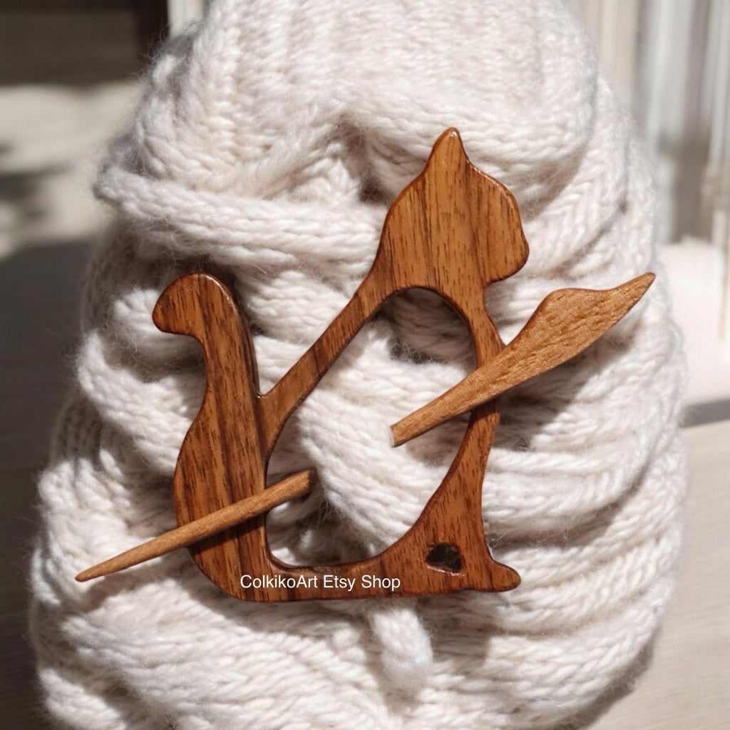 Cat Wooden Shawl Pin, Wood Brooch,Knitted Scarf, Women Gift, kittens,Eco friendly Accessory