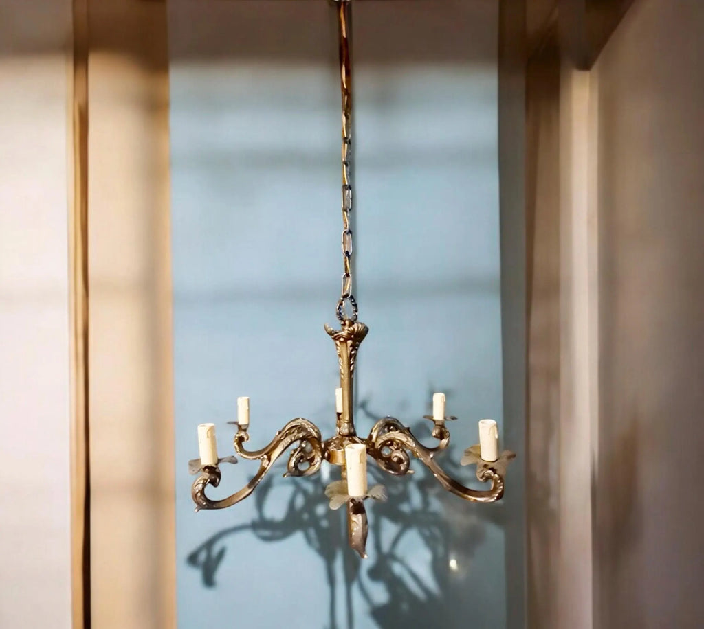 Lampadario italiano a 6 braccia in ottone anni '50