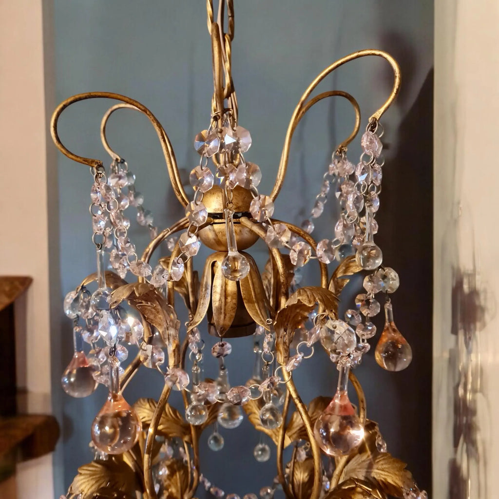 Floral style chandelier with real pink and clear crystal
