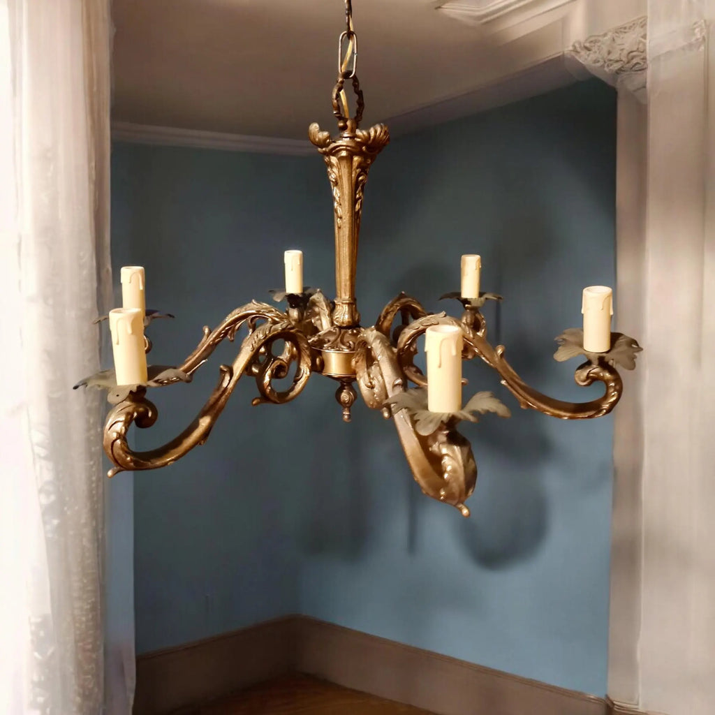 Lampadario italiano a 6 braccia in ottone anni '50