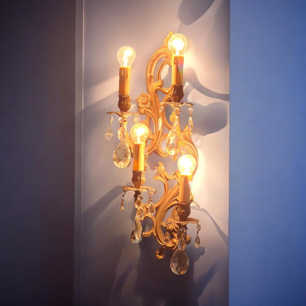 Lampada da parete antica, applique, stile francese, ottone, 4 luci