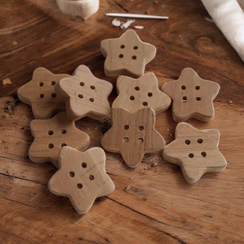 Multiple Handmade wooden buttons flower / star shaped LIGHT WOOD