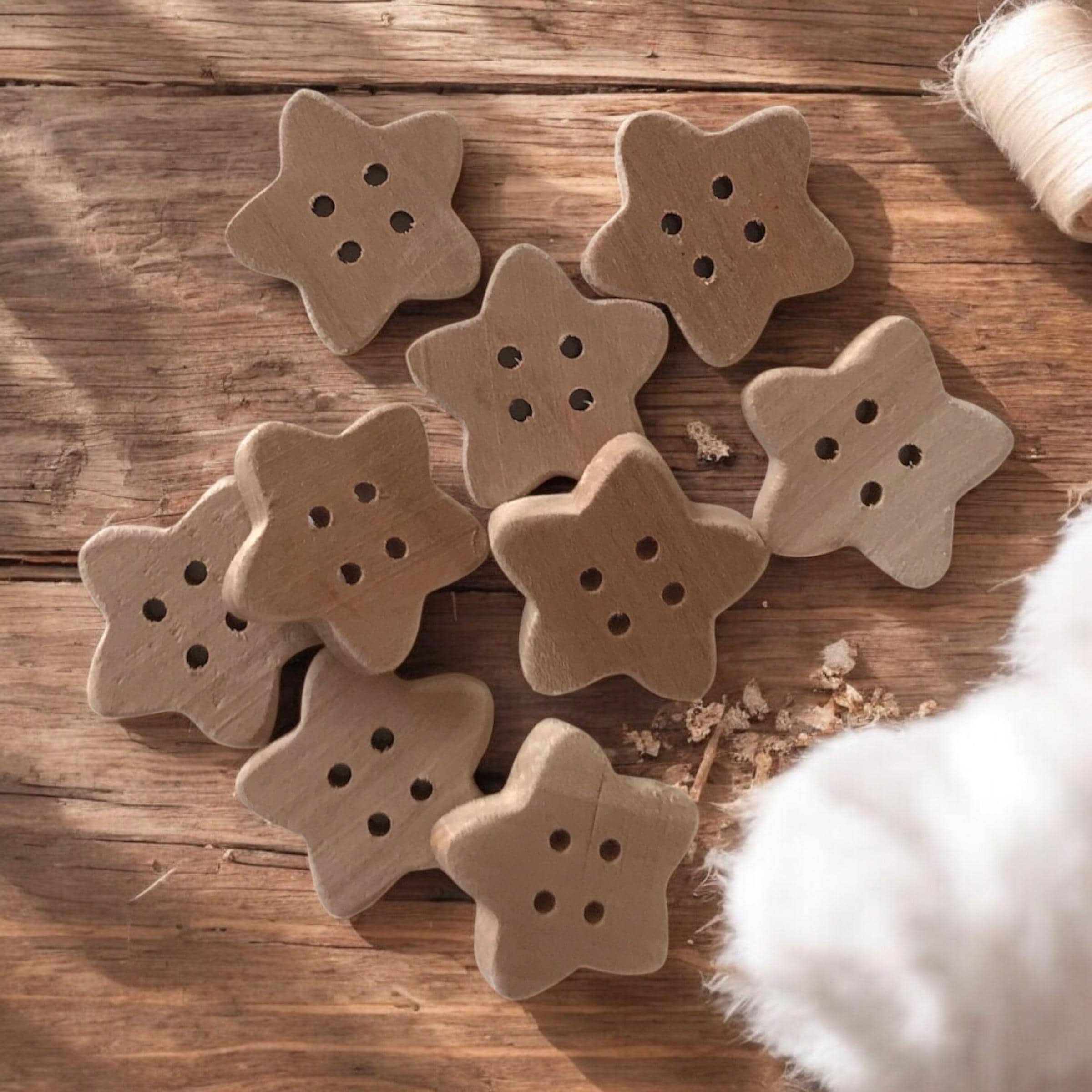 Multiple Handmade wooden buttons flower / star shaped LIGHT WOOD