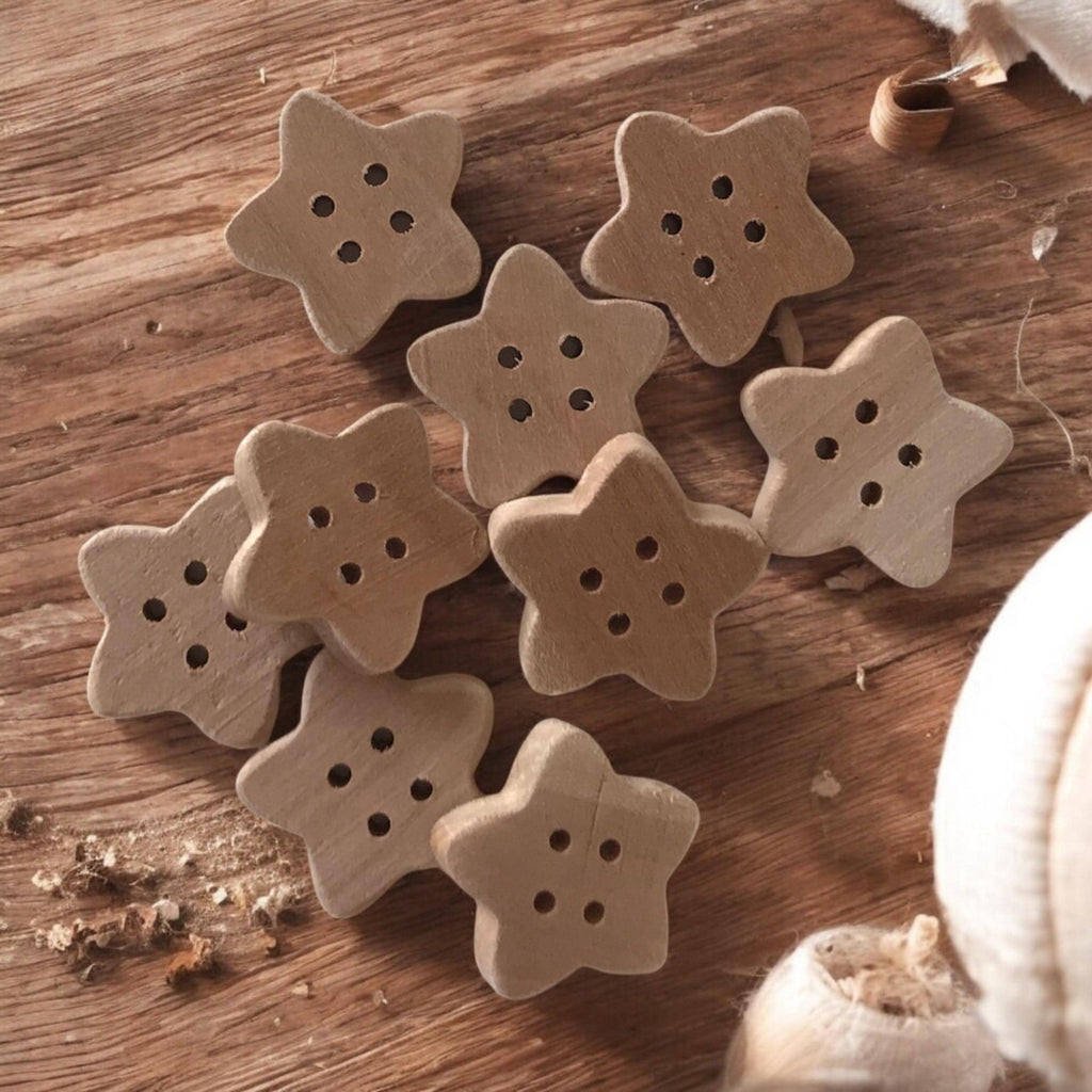 Multiple Handmade wooden buttons flower / star shaped LIGHT WOOD