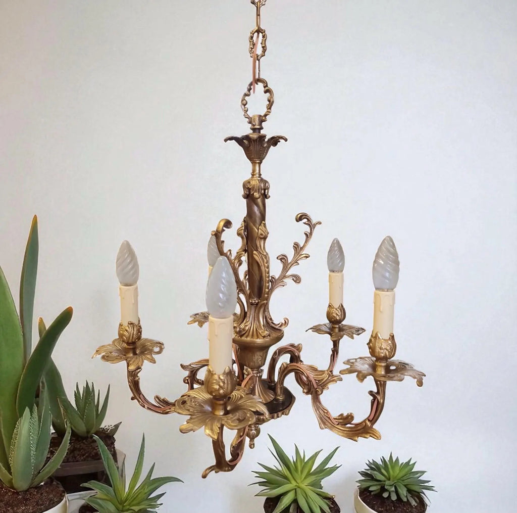 Lampadario italiano vintage in ottone, 5 braccia anni 50
