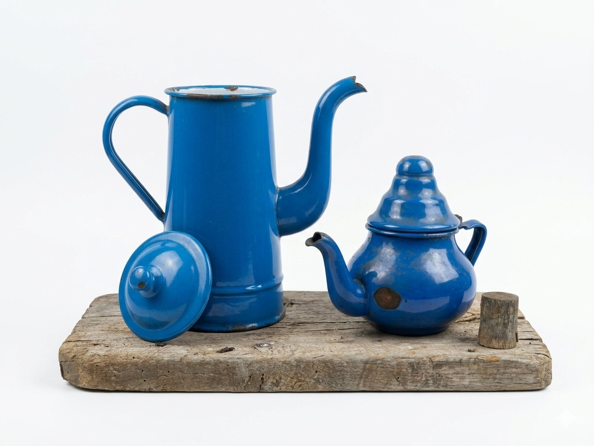 théière, bouilloire et cafetière vintage en émail bleu cobalt